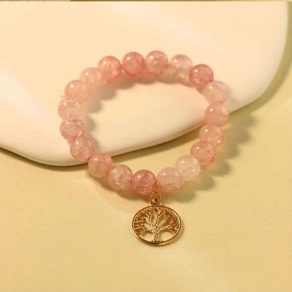 Tree of Life Jewelry - Pink Crystal Beaded Bracelet With Tree Of Life Shape Pendant.